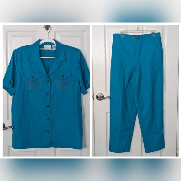Retro Alfred Dunner Linen Blend Turquoise‎ Blue Embellished Pants Set Size 14 - Picture 1 of 12